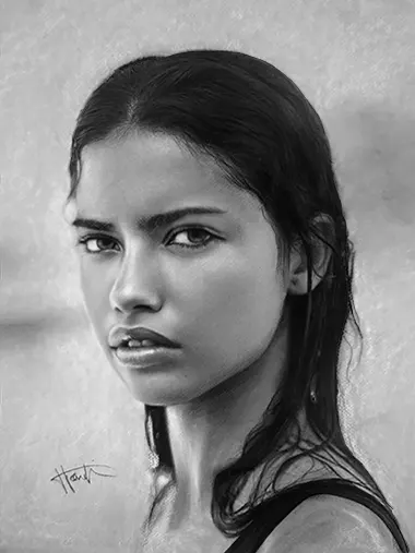 Adriana Lima Retrato realista al carboncillo hecho a mano