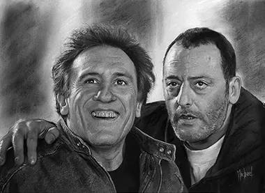 Tais-toi - Gérard Depardieu et Jean Reno portrait fusain Retrato a carboncillo Realista